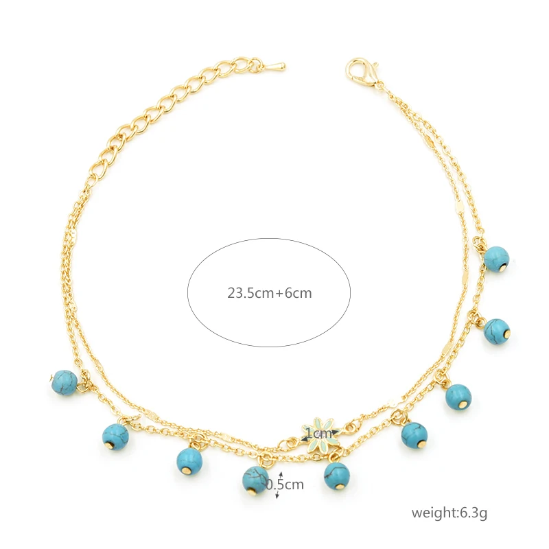 New Arrival Double Chain Turquise Beads Pendant Anklet Foot For Woman Summer Bracelet Charm Anklets Jewelry Gift | Украшения и