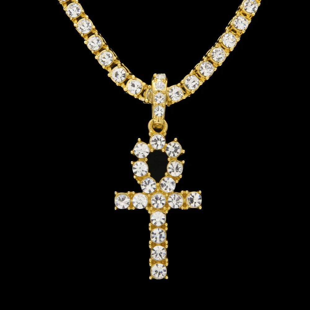 

Iced Out Key To Life Ankh Egyptian Necklace Bling Rhinestone Egypt Cross Pendant Tennis Chain For Hip Hop Jewelry