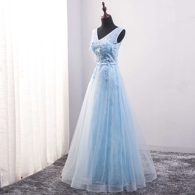 SSYFashion длинное вечернее платье невесты светло голубое кружевное цветочное v