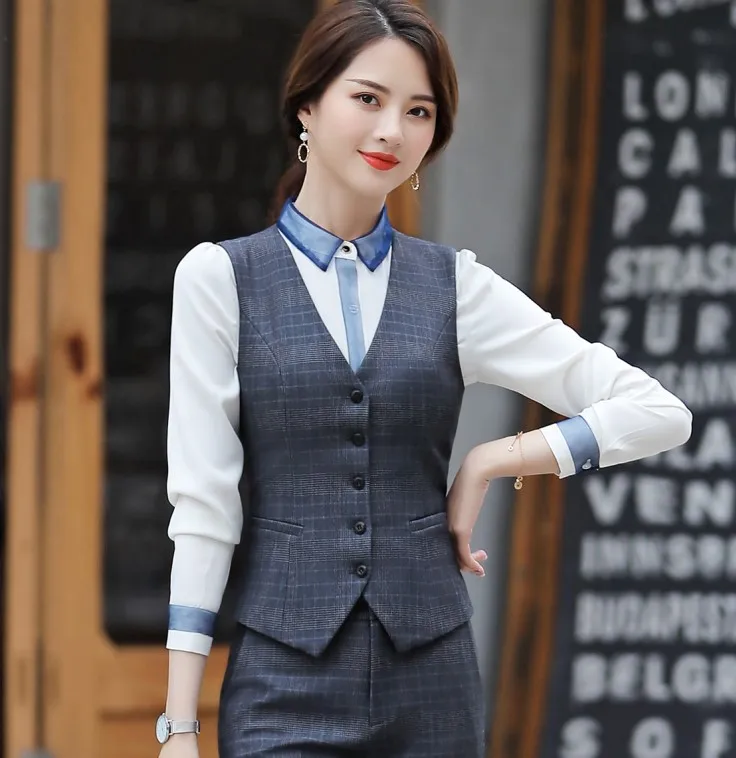 Gray plaid vest Весна клетчатый жилет для женщин OL мода формальный V образным вырезом тонкий жилет пальто Офис Леди Бизнес интервью размера плюс Рабочая форма - Цвет: Gray plaid vest