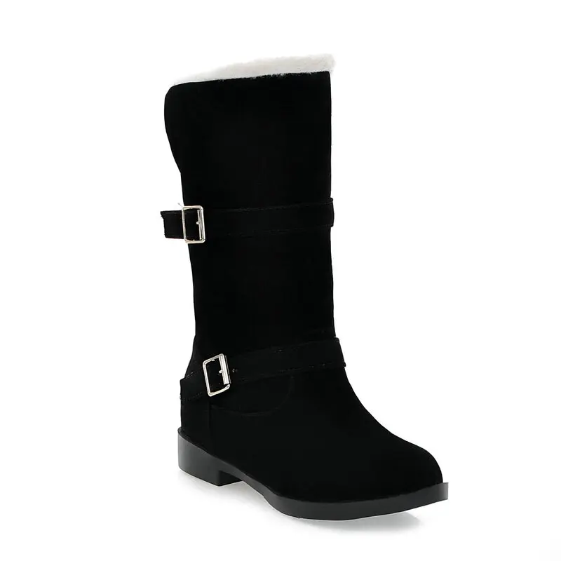 QUTAA Scrub Fashion Round Toe Casual Mid Calf Boots Buckle Comfort Low Heel Winter Warm Fur Orange Women Shoes Size 34-40