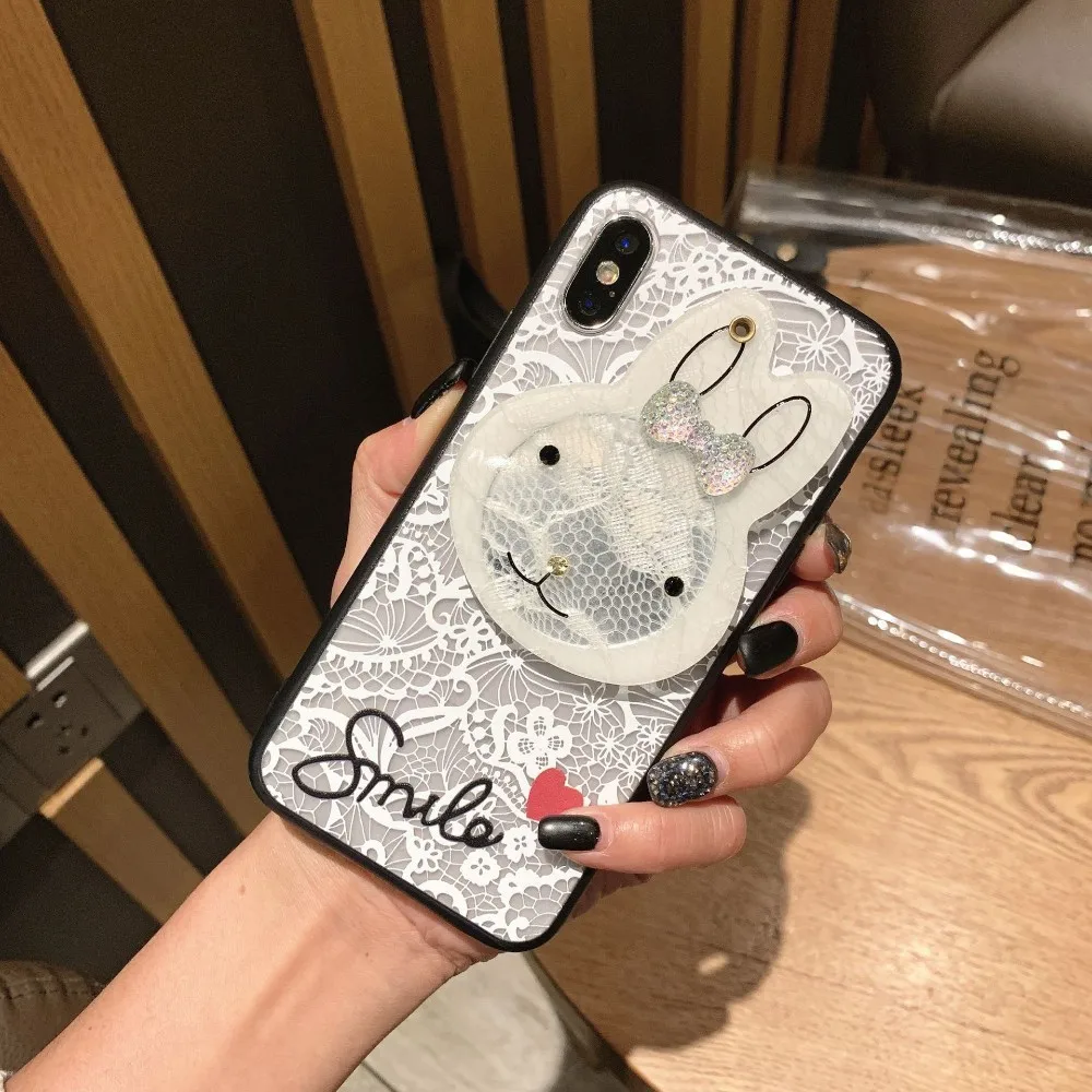 Кружевной чехол для телефона с зеркалом макияжа Iphone 7 XR XS Max 8 6S Plus милый кролик