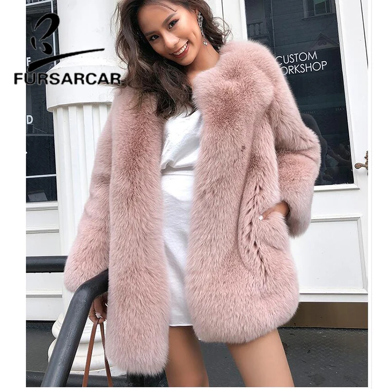 FURSARCAR 70 CM Length Real Fur Coat Women Fashion Style Luxury Whole Pelt Fox Fur Coat Natural Fox Fur Winter Warm Outerwear