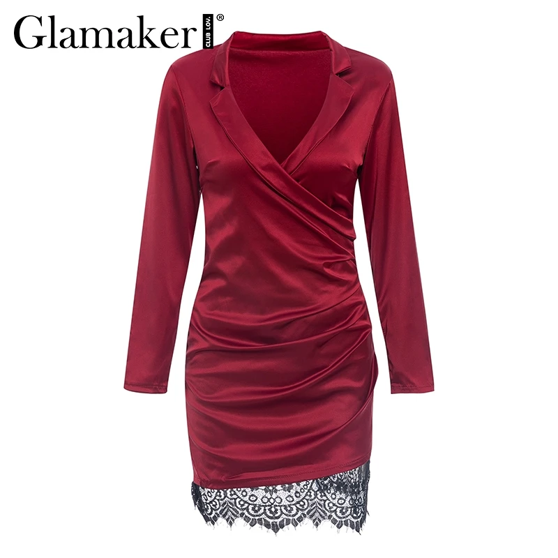Бургундия Glamaker, атласное кружевное лоскутное сексуальное мини-платье, женское летнее облегающее платье с глубоким v-образным вырезом, элегантное женское уличное платье, вечерние платья для клуба - Цвет: Бургундия