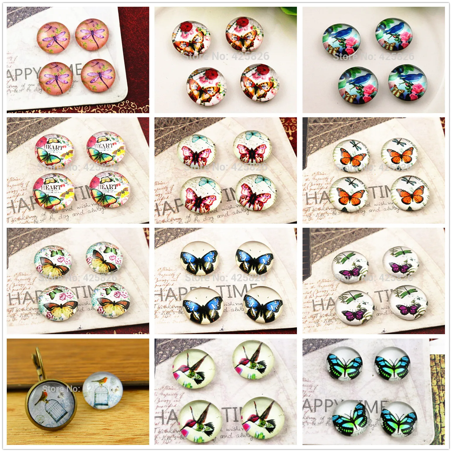 

Hot Sale 20pcs 12mm Handmade Photo Glass Cabochons (Butterfly and Bird Cat Owl series)