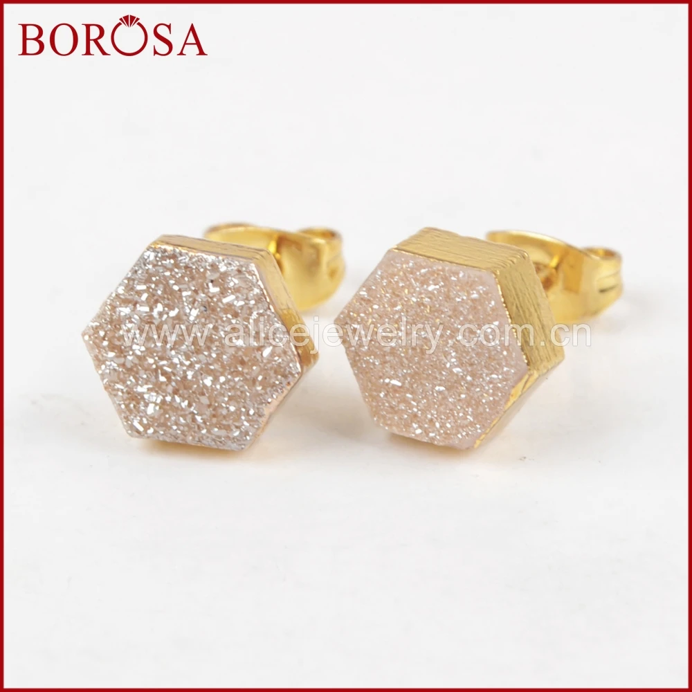 BOROSA друзовидный камень серьги для женщин модный шестигранный золотой цвет друза