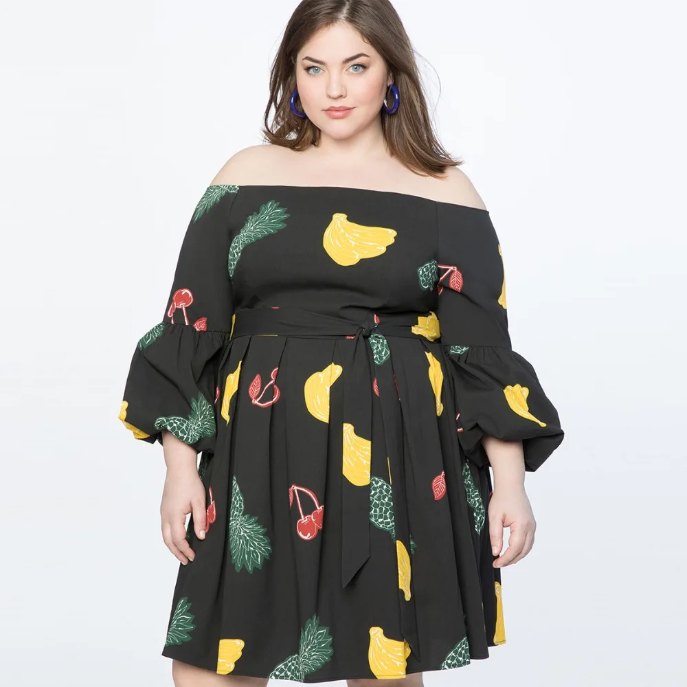Darcydebie 2018 autumn Women Plus Size Elegant pleated printing party dress Sexy Slash neck Dew Shoulder Lace-up Loose vestidos | Женская