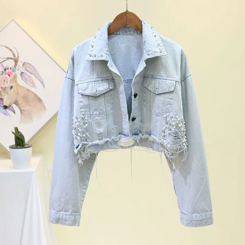 

2019 Autumn Denim Coat For Women Loose Beading Denim Jacket Women Coat Button Hole Cool Jacket Women Cropped Tops Streetwear