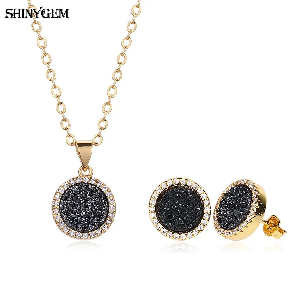 ShinyGem Noble Druzy Earrings Necklace Set Gold Color Round Zircon Party Jewelry Crystal Natural Stone For Women | Украшения и