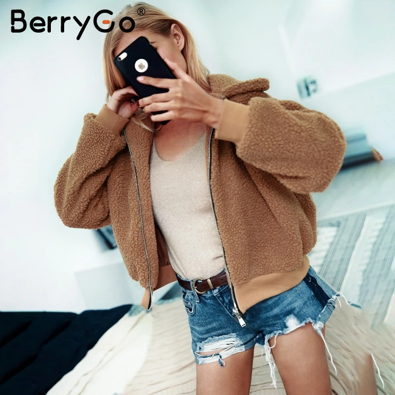 BerryGo Винтаж из искусственного меха Тедди куртка Для женщин толстые теплые