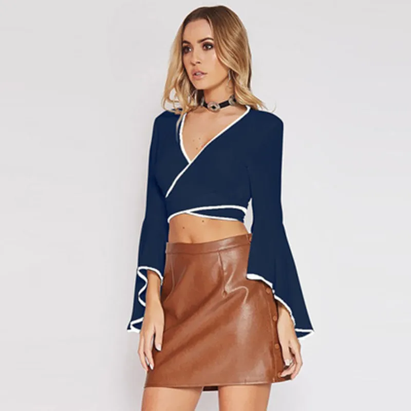 

New Fashion Trumpet Long Sleeve Female V-neck Chiffon Shirt Top Casual Sexy