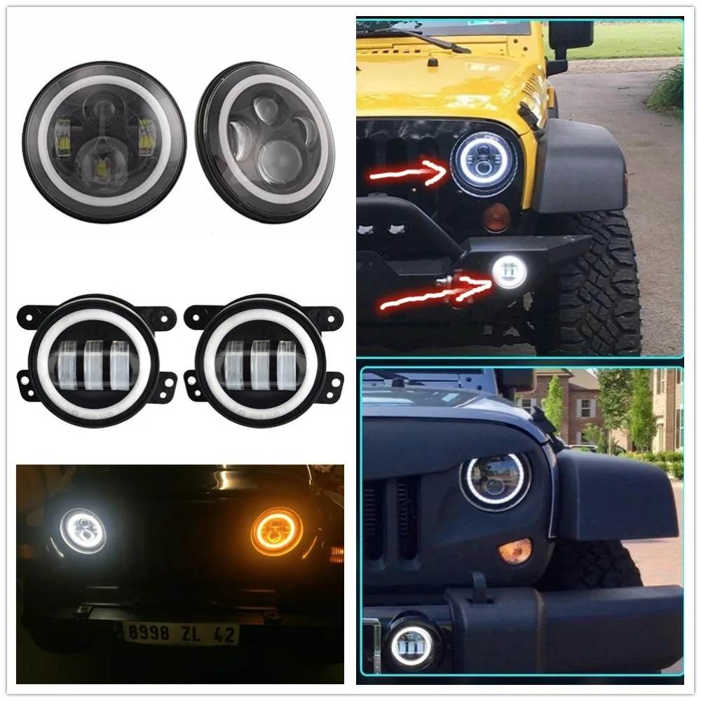 

1 Set White DRL Amber Turn Signal Halo 7 Inch Headlights + 4" 30W LED Fog Light For Jeep Wrangler JK Unlimited Sahara Rubicon