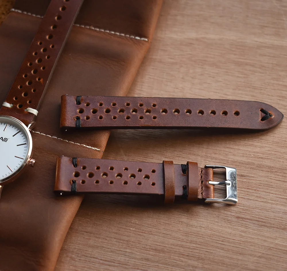 Hand Made Retro Leather Watch Band Hand-Stitched Perforated Suede Calfskin Watch Strap Bracelet 18mm 20mm 22mm