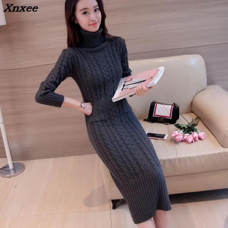 

Ladies winter turtleneck sweater dress sleeve head twist wool skirt dress Korean female knee long sweater Xnxee
