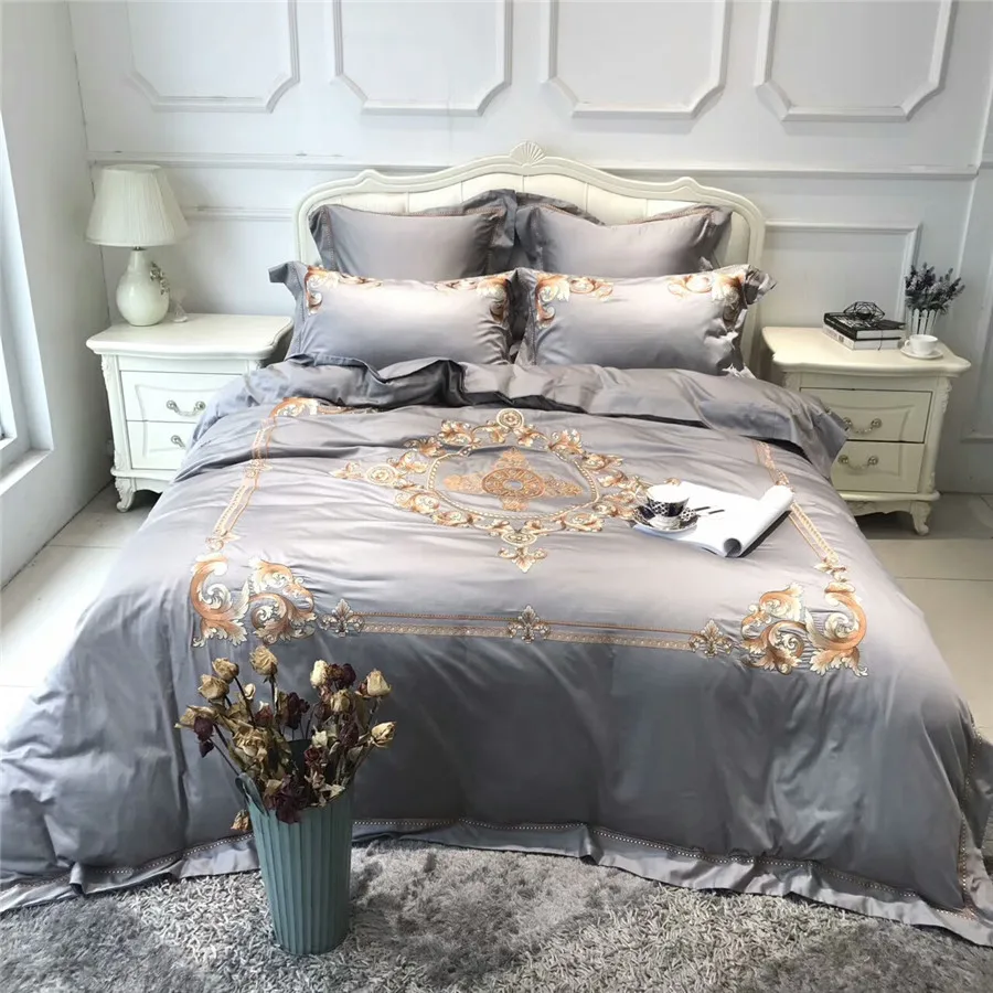 

Egyptian Cotton Purple Grey Luxury Bedding Sets Silk Soft Bedclothes Queen King Size Embroidery Duvet Cover Bed sheet set 4pcs