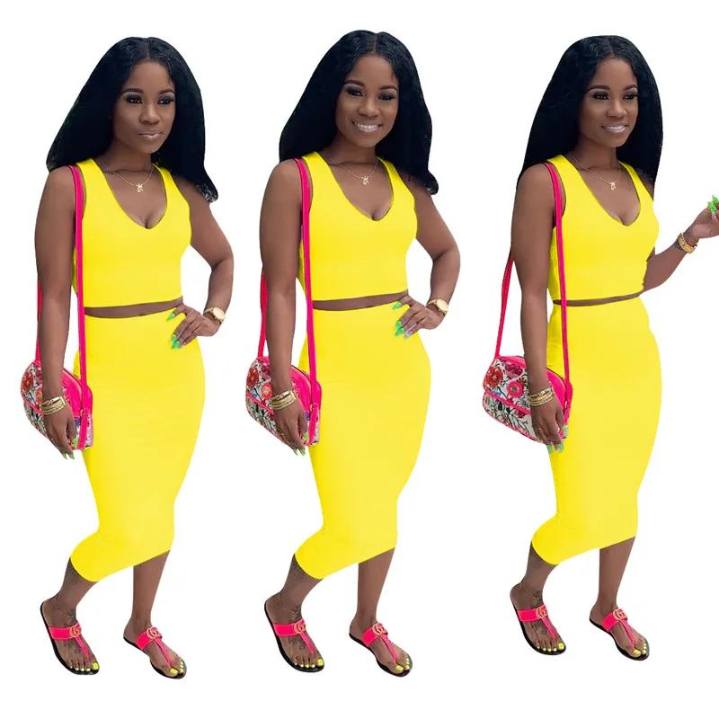 

Summer Casual Style Ropa De Mujer Women Two Piece Outfits Sleeveless V-neck Vest Short Top Solid Color Mid-calf Length Skirt