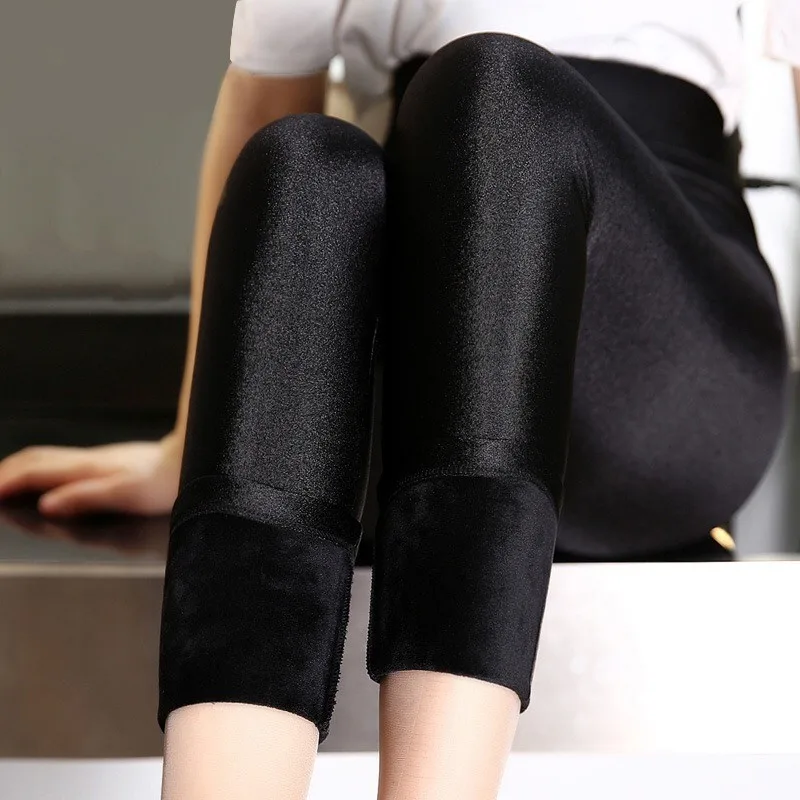 regular waist 9 pant Женские на осень-зиму street Штаны Мода внутренний флис эластичный высокая талия карандаш брюки однотонные черные блестящие бархатные леггинсы - Цвет: regular waist 9 pant