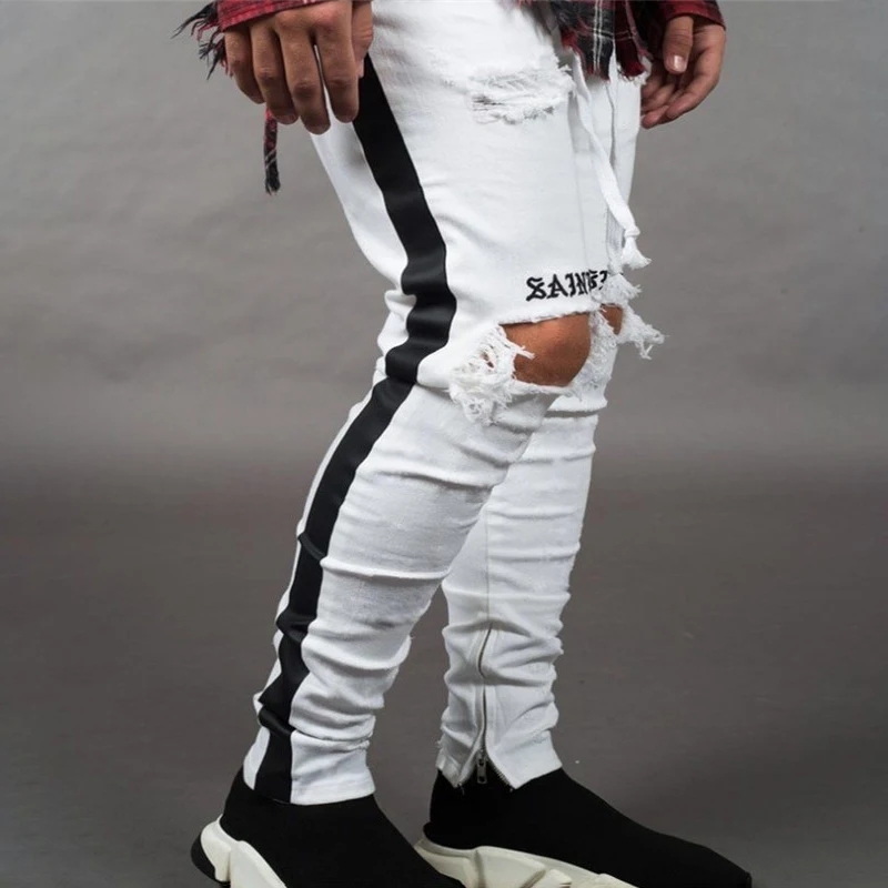 Мужские эластичные рваные джинсы потертые облегающие с потертостями белые