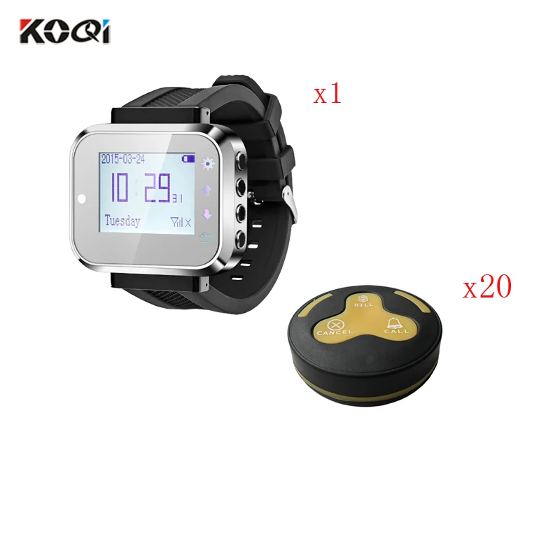 

Restaurant Bell System Service Push Calling Button Alert By Sound Or Vibration ( 1 watch receiver + 20 waterproof table bell)