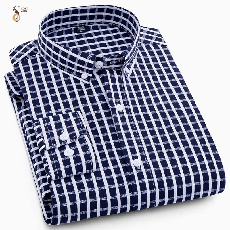 Aoliwen 2020 Men's Print Long Sleeve Shirt Plaid stripe fashion casual shirt men high street style Polyester Comfortable slimfit