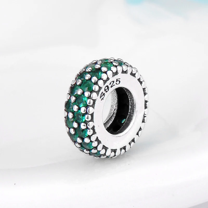 Real 925 Sterling Silver Arc of love sparkling Round Green CZ spacer beads Fit Original European Charm Bracelet Jewelry making | Украшения