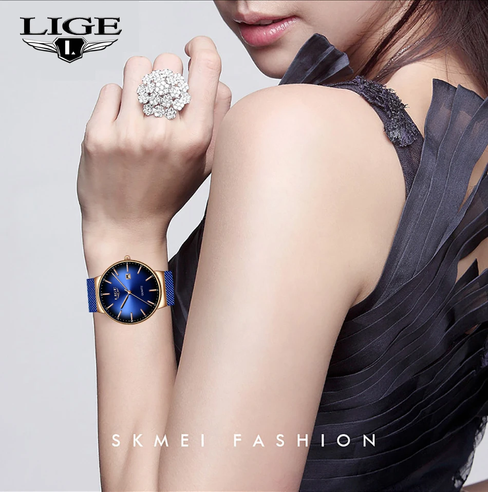 Montre Femme LIGE новые роскошные женские часы модные простые часы для женщин s Синий сетчатый ремень кварцевые часы женские часы Relogio Feminino
