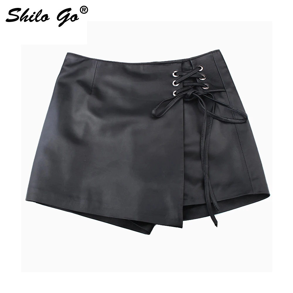 SHILO GO Leather Skirt Womens Autumn Fashion sheepskin genuine leather sexy adjustable high waist asymmetrical black skirt | Женская