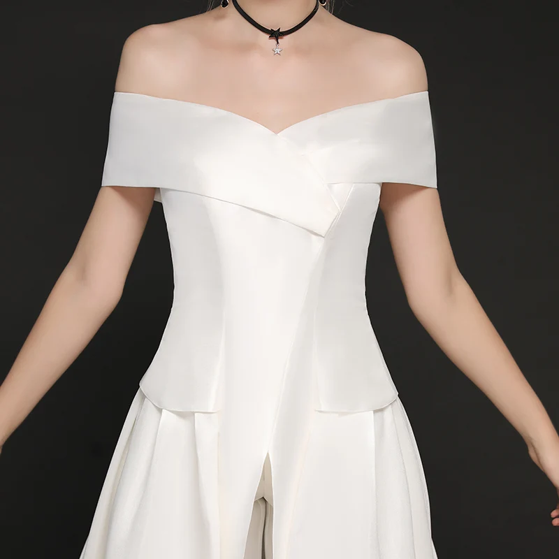 

Robe De Mariee Wedding Jumpsuits 2020 Boat Neck New Charming Satin Wedding Dress Off the Shoulder Vestidos de Novia Bride Dress