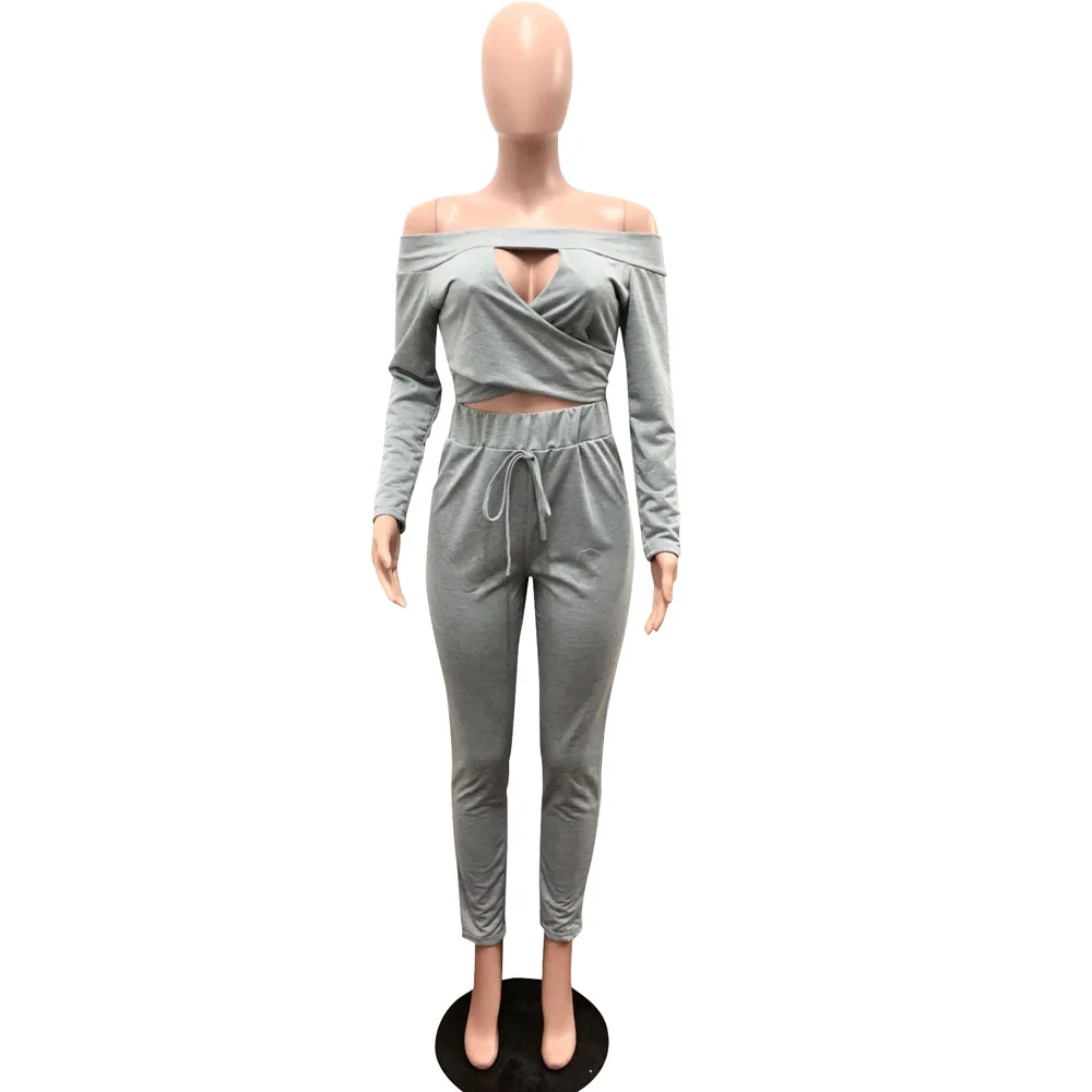 

Gray Color Full Sleeve Top With Pants Women Casual Suits Hot Fashion Outfits