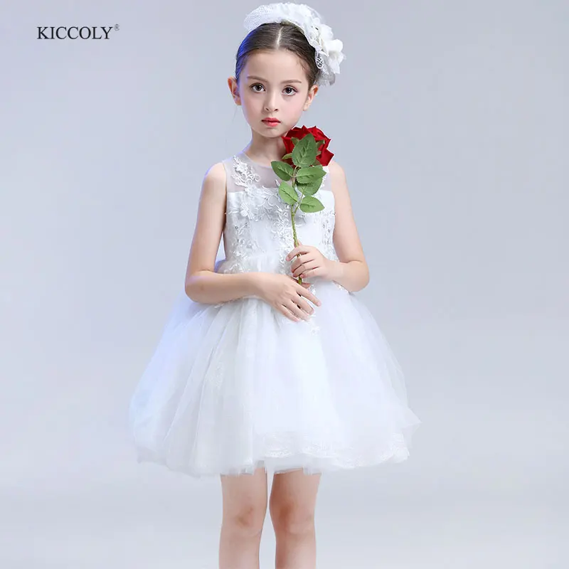 KICCOLY 2018 Summer Flower Girls Dress White Wedding Pageant Bridesmaid Gown Princess Party Tutu Dresses Kids Clothes 1-14T | Детская