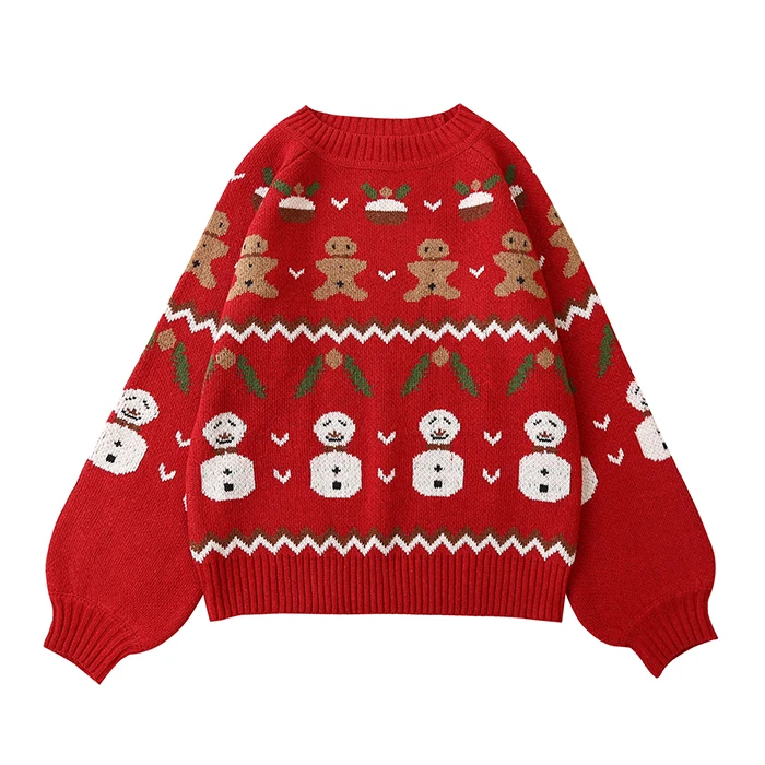 Spring Casual Women Pullover Sweater ONeck Cute Bear Snowman Jacquard Vintage Student Girls Knitted Pullovers Tops Red Knitwear | Женская