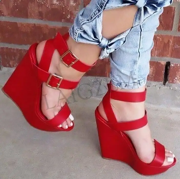 LGZ537 Red LAIGZEM/летние женские босоножки вечерние туфли-лодочки на танкетке с пряжкой женские сандалии Verano; большие размеры 34-52 - Цвет: LGZ537 Red