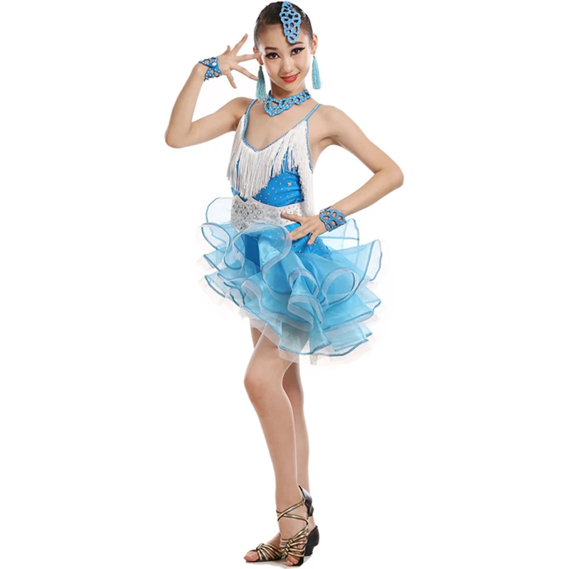 Одежда для латинских танцев с кисточками девочек платье Латинской сальсы