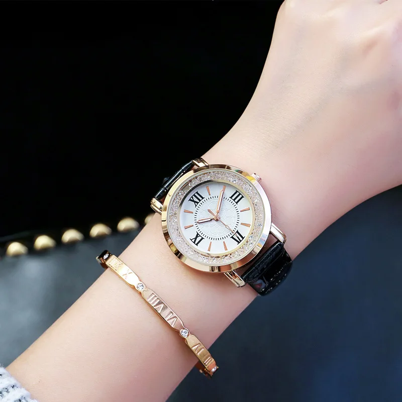 Новинка 2017 мода кварцевые Для женщин часы со стразами кожа повседневные платья