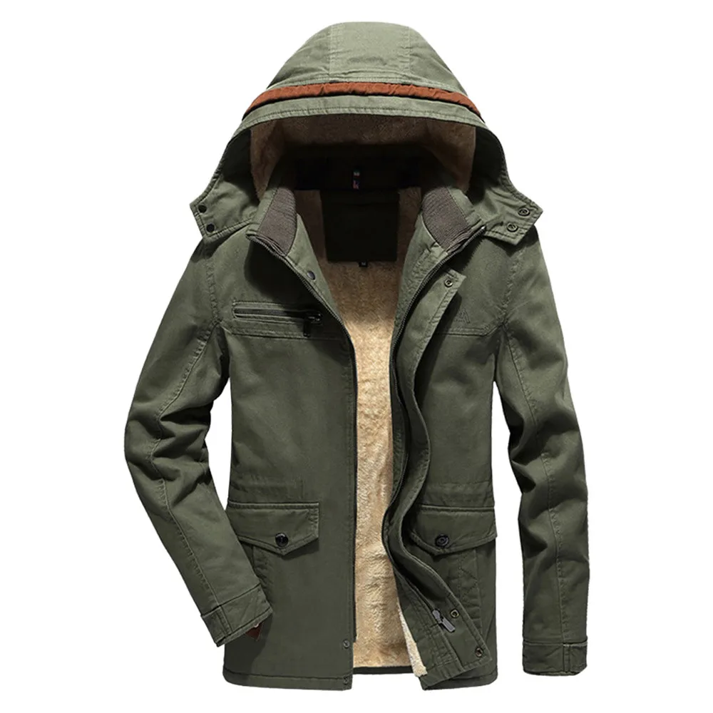 Army Green Зимняя мужская куртка, однотонное Мужское пальто, утепленное пальто с капюшоном, верхняя одежда, большие размеры, теплая куртка, пальто, мужская одежда, парка Hombre - Цвет: Army Green