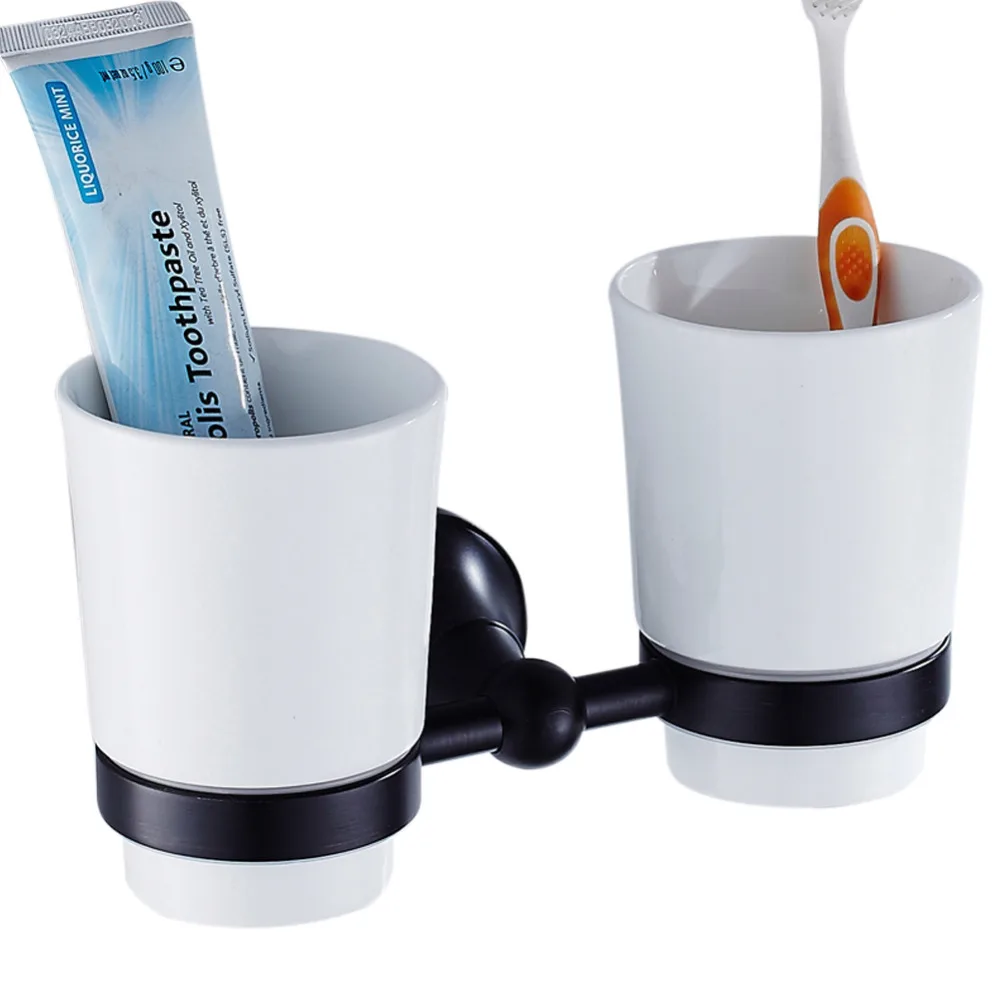 Leyden Oil Rubbed Bronze Brass Black Toothbrush Holder With Double Ceramic Cups Holders Wall Mounted Bathroom Accessories Set |