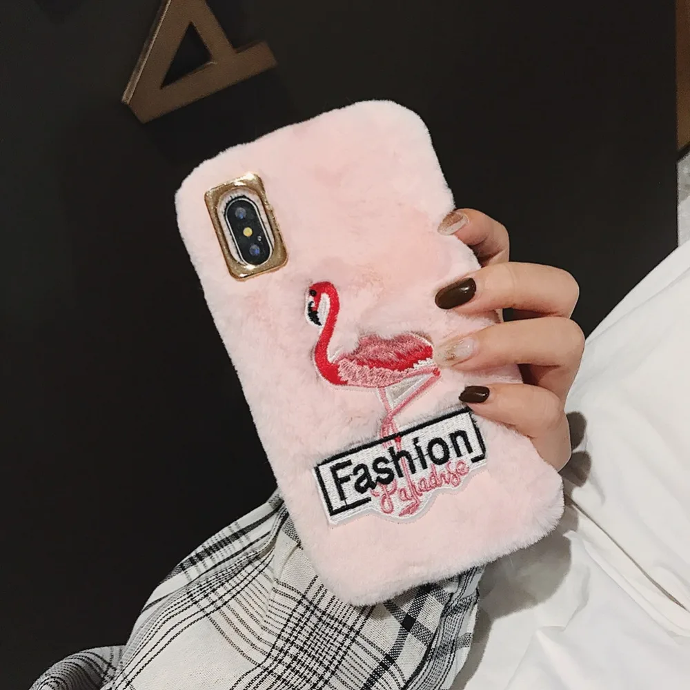 Чехол для iPhone XR/XS Max/X/8/8 плюс/7/plus/6/6s/6 plus/6s плюс кролик волос Фламинго Вышивка милые