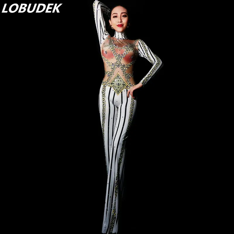 

Novelty printing Leotard Striped female Jumpsuit Shining Crystals High stretch sexy Bar Lead dancer DJ performance dance clothes