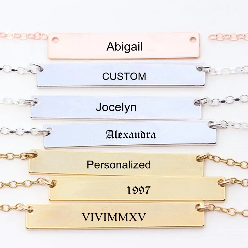 

Custom Personalized Bar Necklace Women Men Engraved Name Date Coordinates Initials Roman Numeral Necklaces Kids Bridesmaid Gift