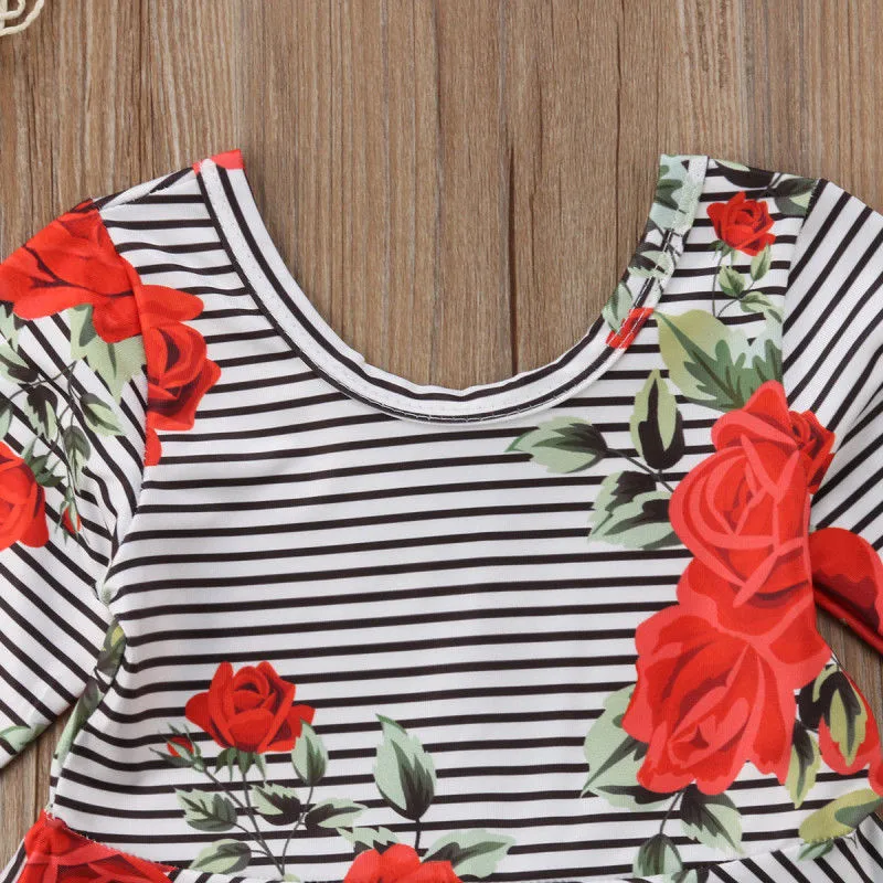 PUDCOCO Toddler Kid Baby Girl Horn Flare Long Sleeve Floral Striped Princess Party Pageant Dress Cute Girls Autumn Dresses 1-6T | Детская