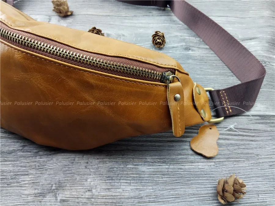 Men Vintage Oil Wax Genuine Leather Waist Bag Brown Cowhide Casual Pack Metal Zipper Clasp Travel Portable Hip Bum Belt Pouch | Багаж и