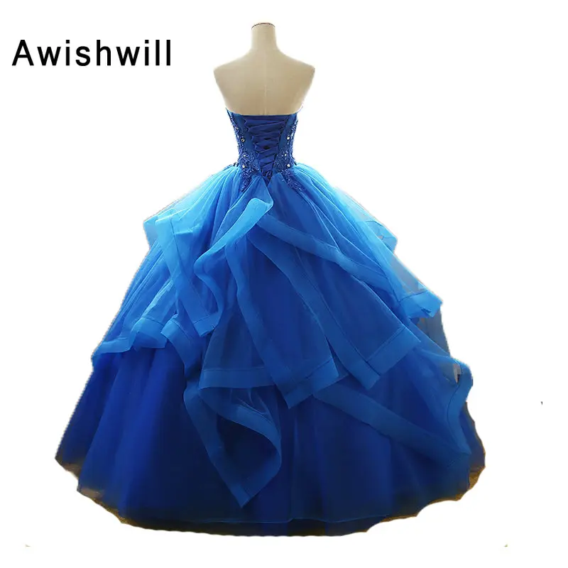 Женское платье без бретелек Голубое Бальное Платье с аппликацией украшенной