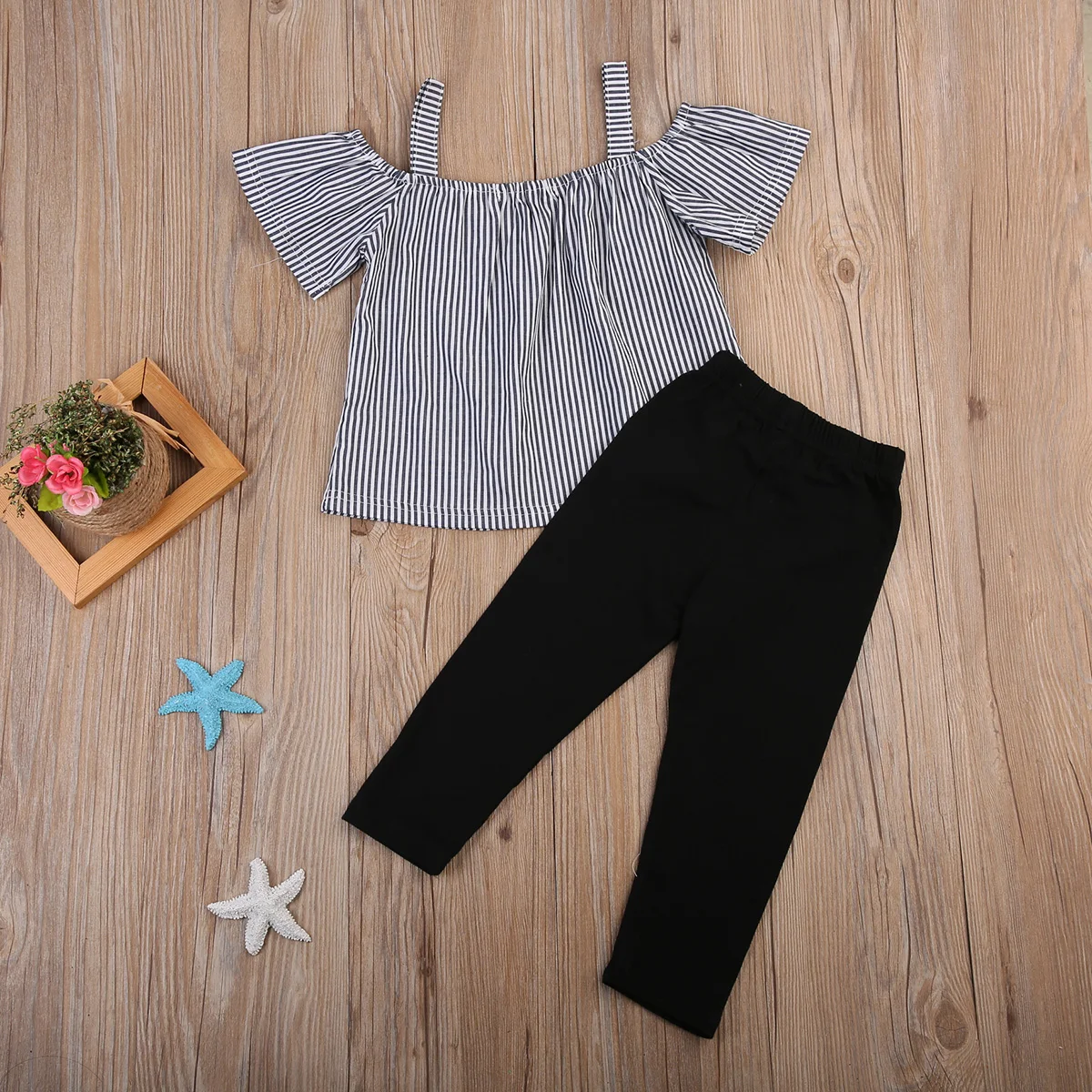 

High Quality Baby Girls Clothes Casual Off Shoulder Tops T-Shirt Striped Print Long Pants 2PCs Outfits Kid Clothing Set