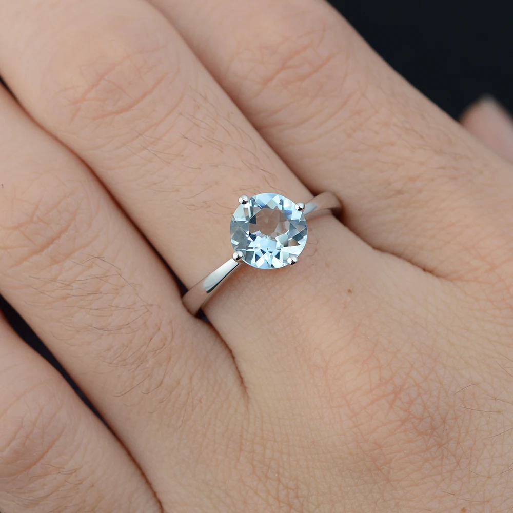 Leige Jewelry Round Cut Natural Aquamarine Ring Solitaire Gemstone Silver 925 for Women Wedding Anniversary Rings Christmas Gift | Украшения