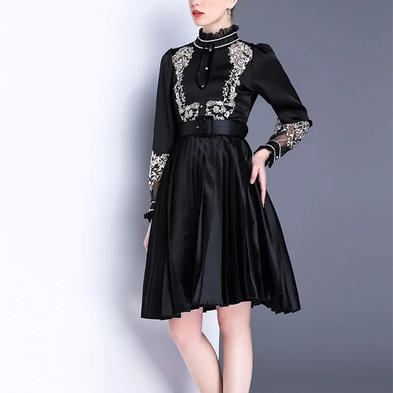 Хорошее качество Sring осеннее женское платье черный роскошный золотой цветочный