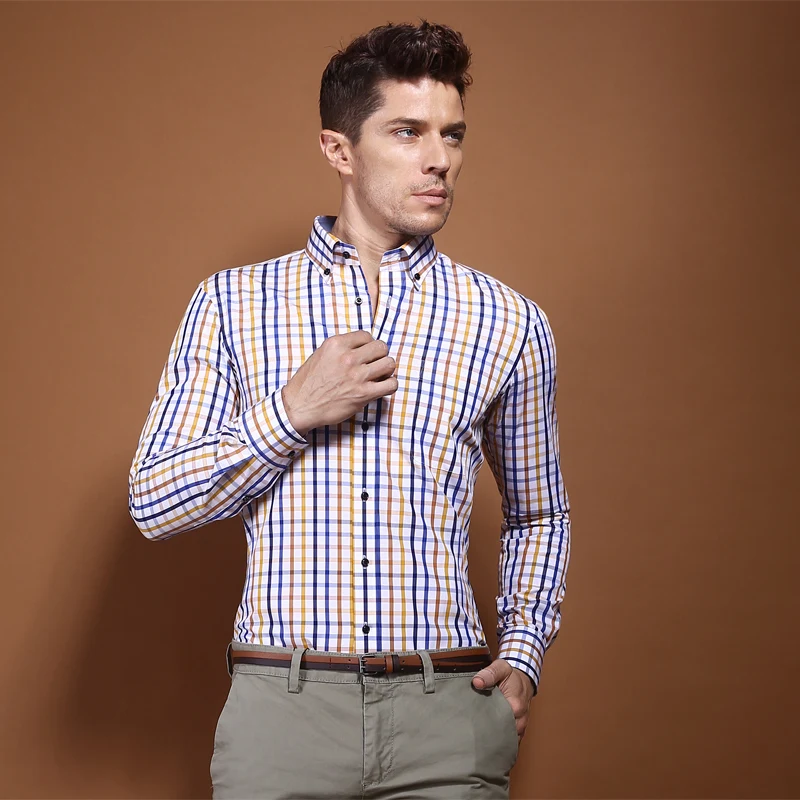 Новый стиль Мужские рубашки с длинным рукавом Хлопок узоры клетчатая рубашка Slim