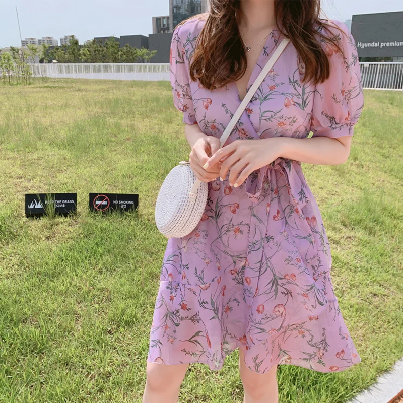 Шифоновые Платья с цветочным принтом женская летняя одежда в корейском и