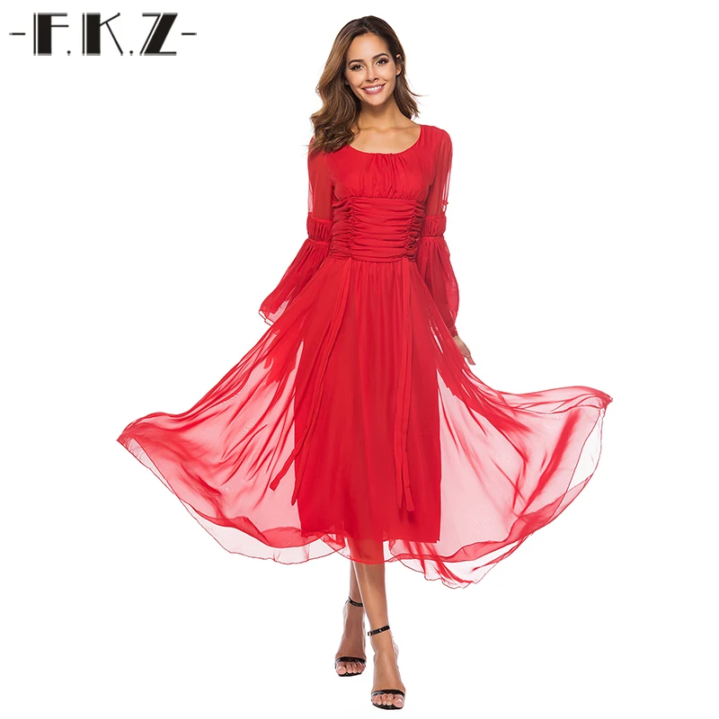 Фкз Лето Красное длинное платье дамы Повседневное круглым вырезом
