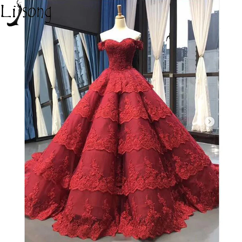 

Новое поступление, Красное Бальное Платье, выпускные платья с открытыми плечами, Многоярусное свадебное платье с длинным шлейфом, бордовый ...