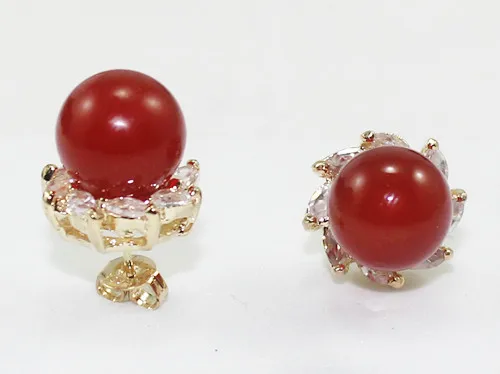 hot sell new - wholesale lady's jewelry 10mm red jade bead 18kgp crystal inlay stud earrings | Stud Earrings